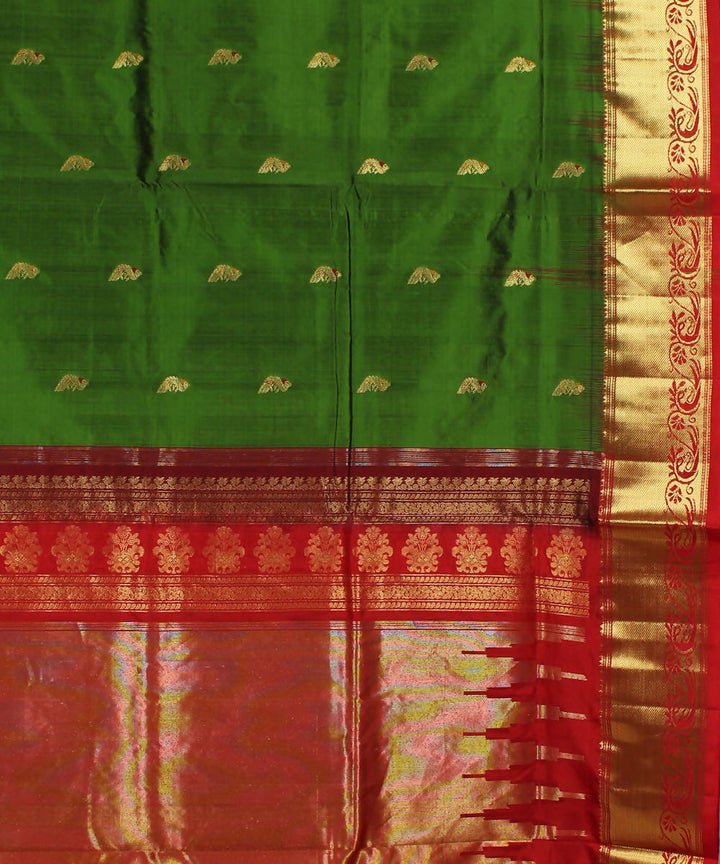 Dark Green Red Karnataka Handloom Silk Saree