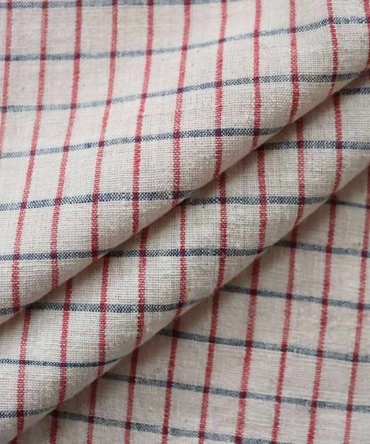 Checks red, blue and cream handspun handwoven cotton fabric