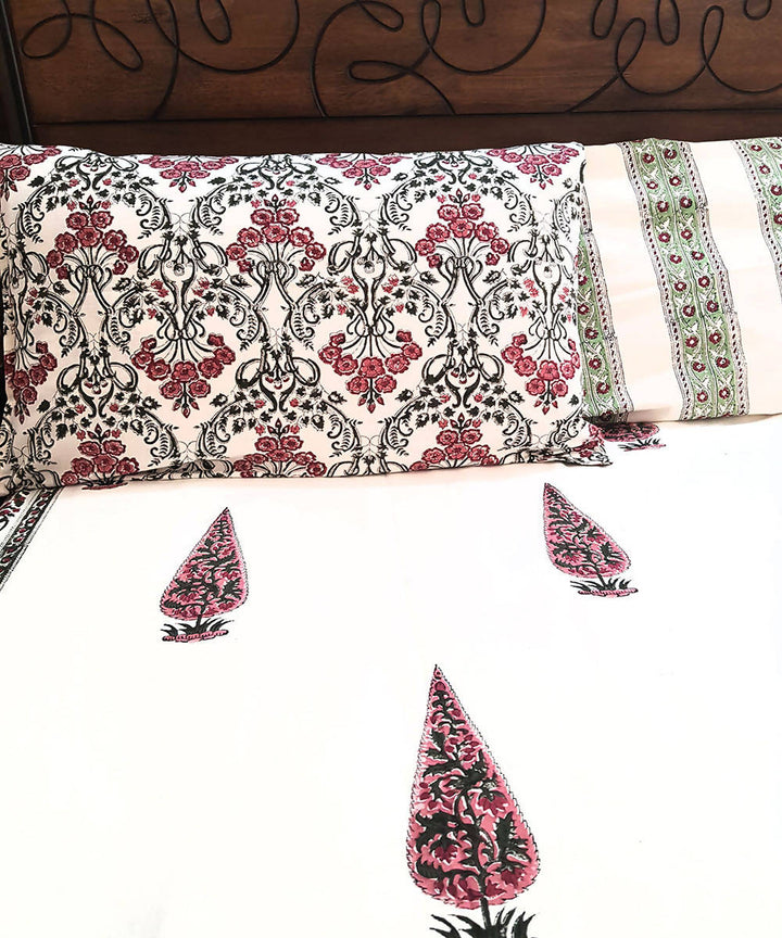 Red Motif Handblock Printed White Cotton Bedsheet