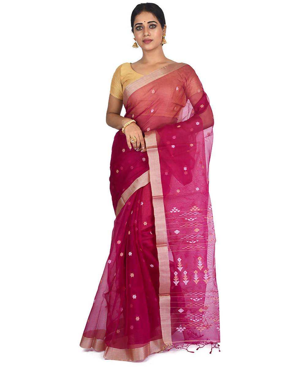 Magenta pink bengal handloom mulberry silk jamdani saree