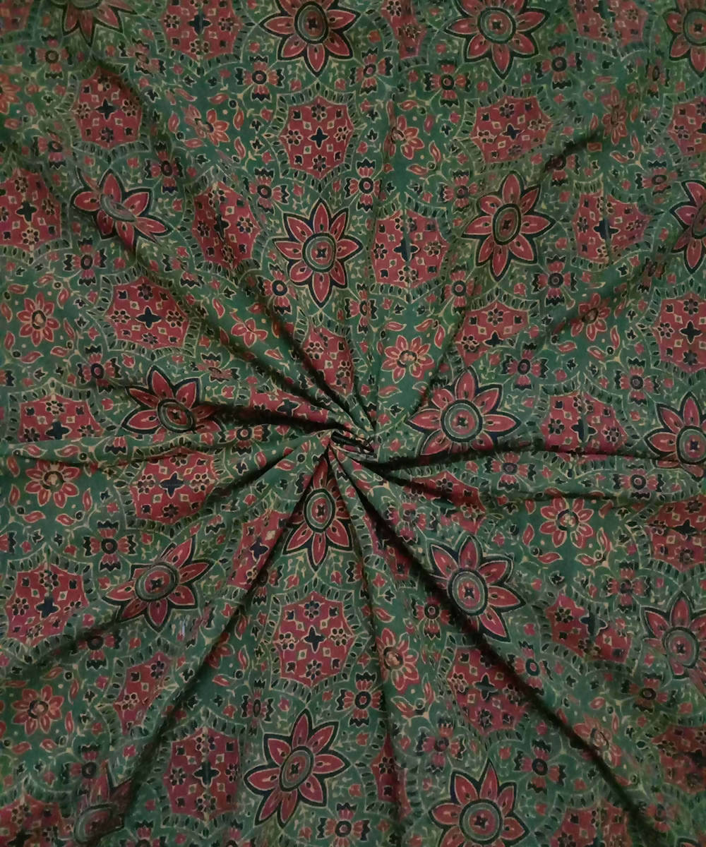 Green maroon natural dye ajrakh print handspun handloom cotton fabric