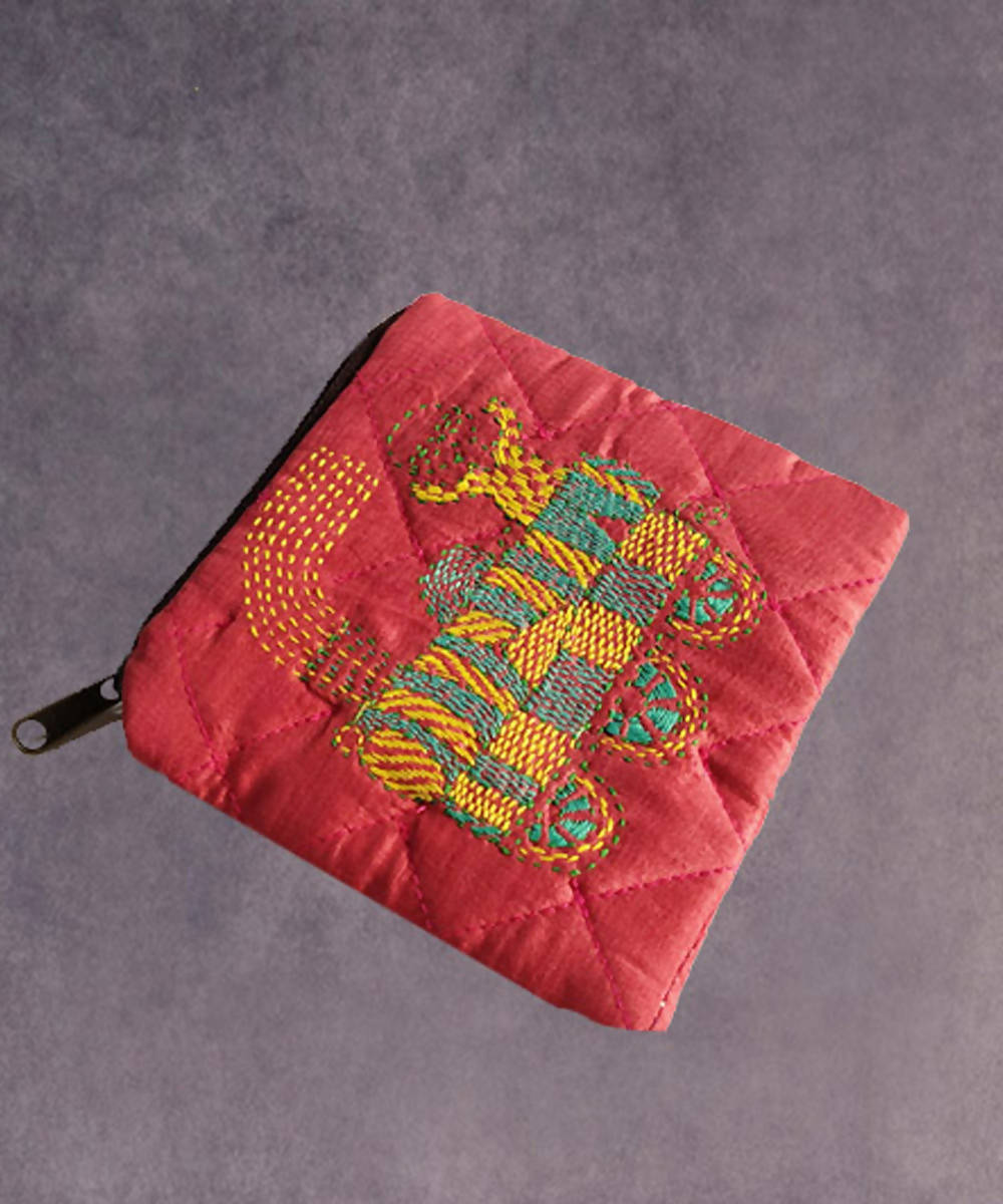 Alizarin crimson hand made kantha stitch silk coin purse