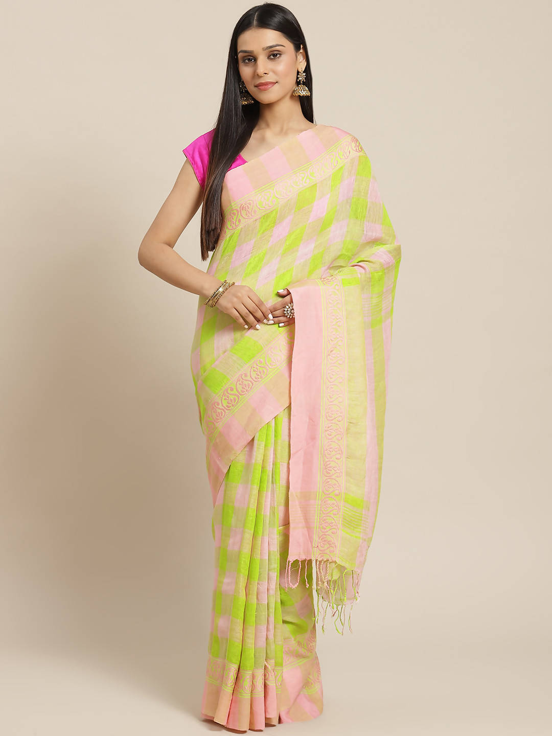 Biswa bangla pink and green handwoven linen saree