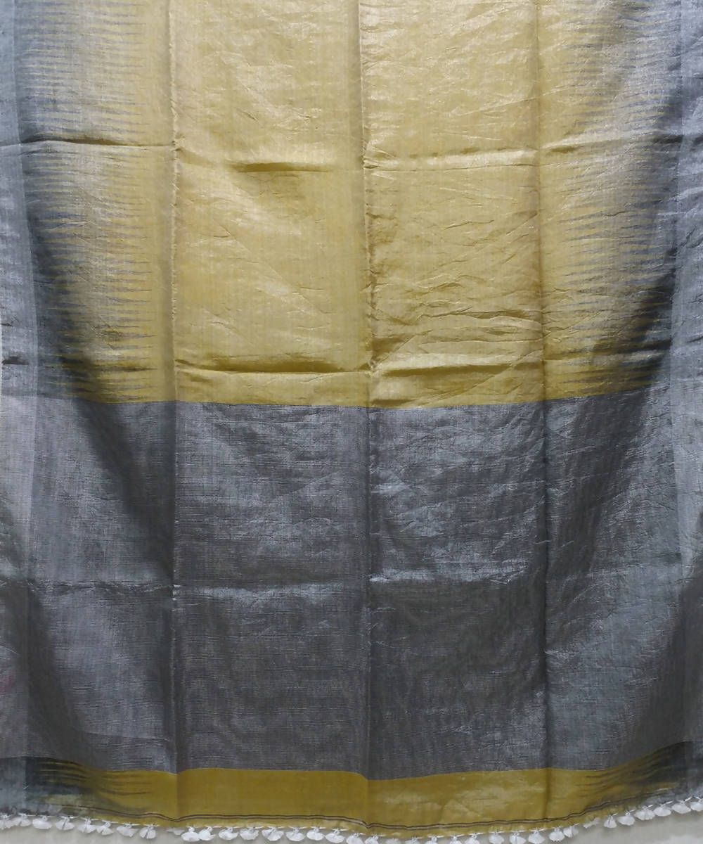 yellow and grey handwoven Linen tissue Saree