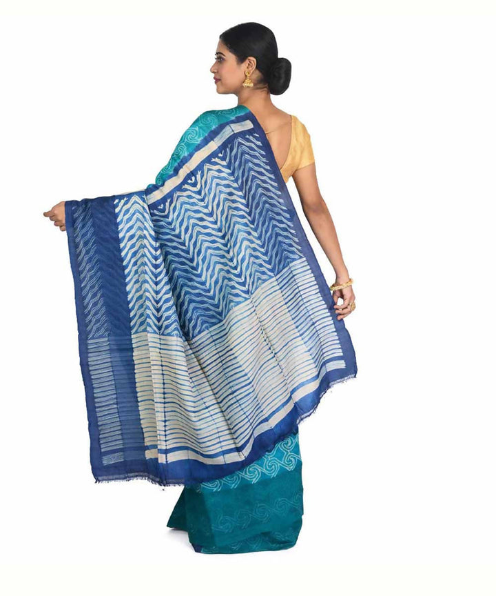 Turquoise and blue shibori handwoven tussar silk saree