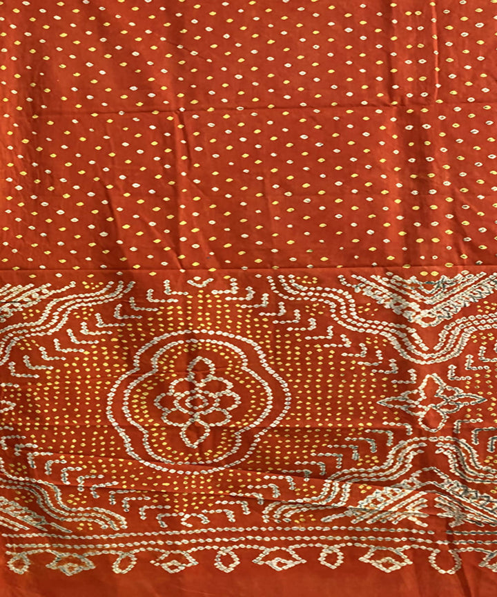 Orange hand printed bandhani cotton silk saree