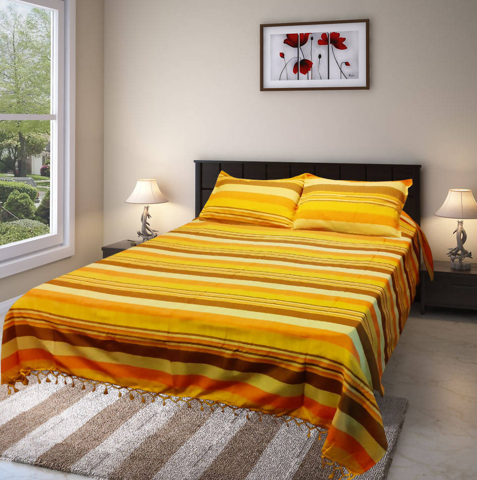 Yellow handspun handloom cotton double bed cover with pillow covers