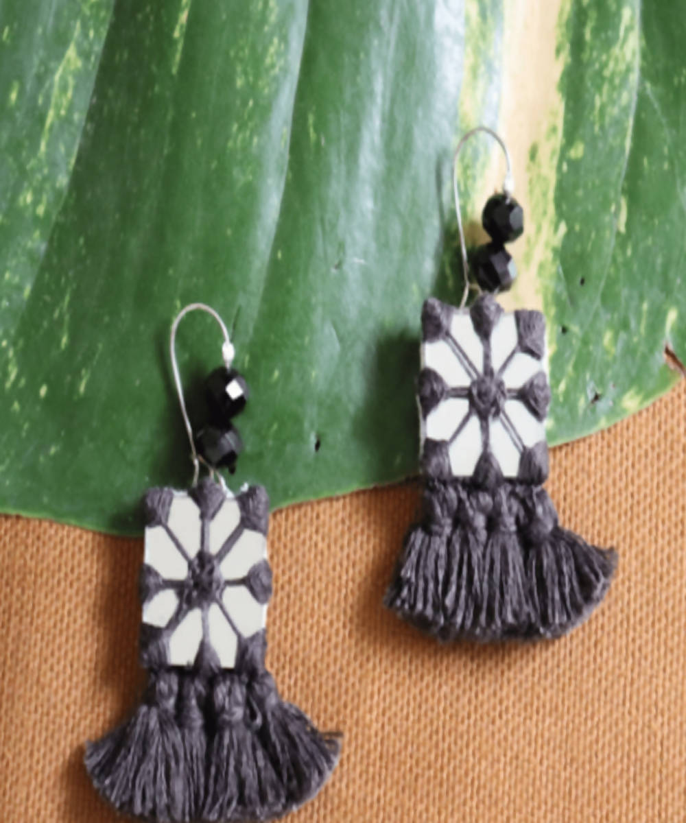 Black handmade cotton and mirror with crystel earring