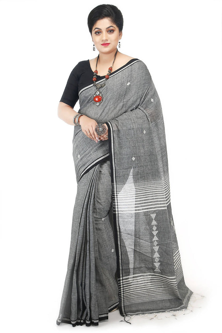 Handloom bengal black grey cotton saree