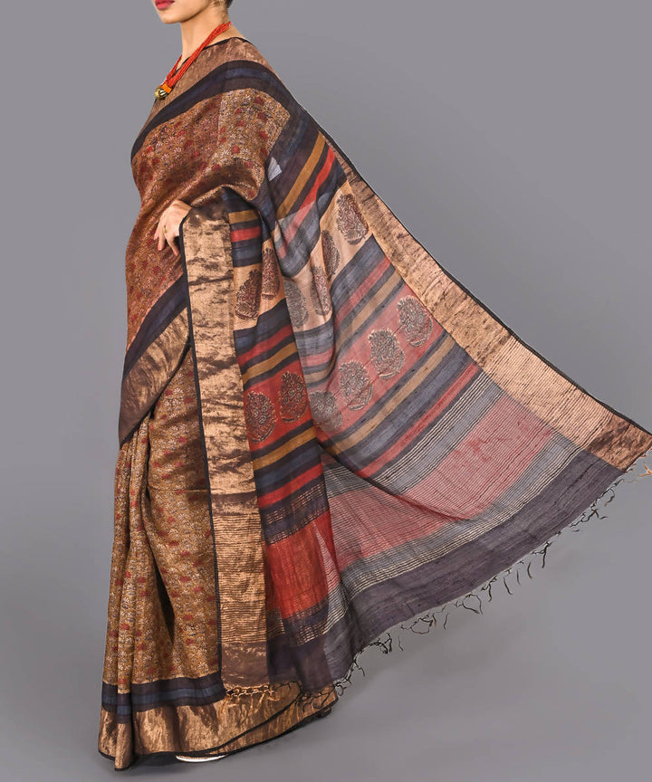 Brown tussar silk hand block printed saree with zari border