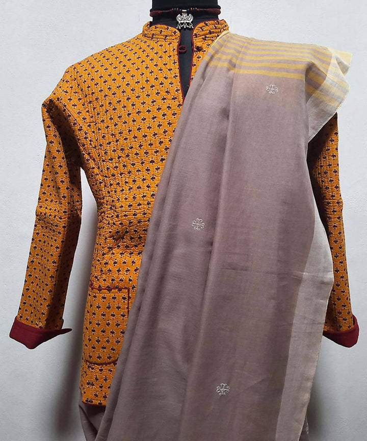 Yellow and maroon block printed reversible jacket with cotton quilting