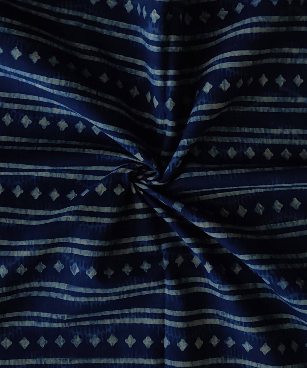 Natural dye blue striped dabu print handspun handloom cotton fabric