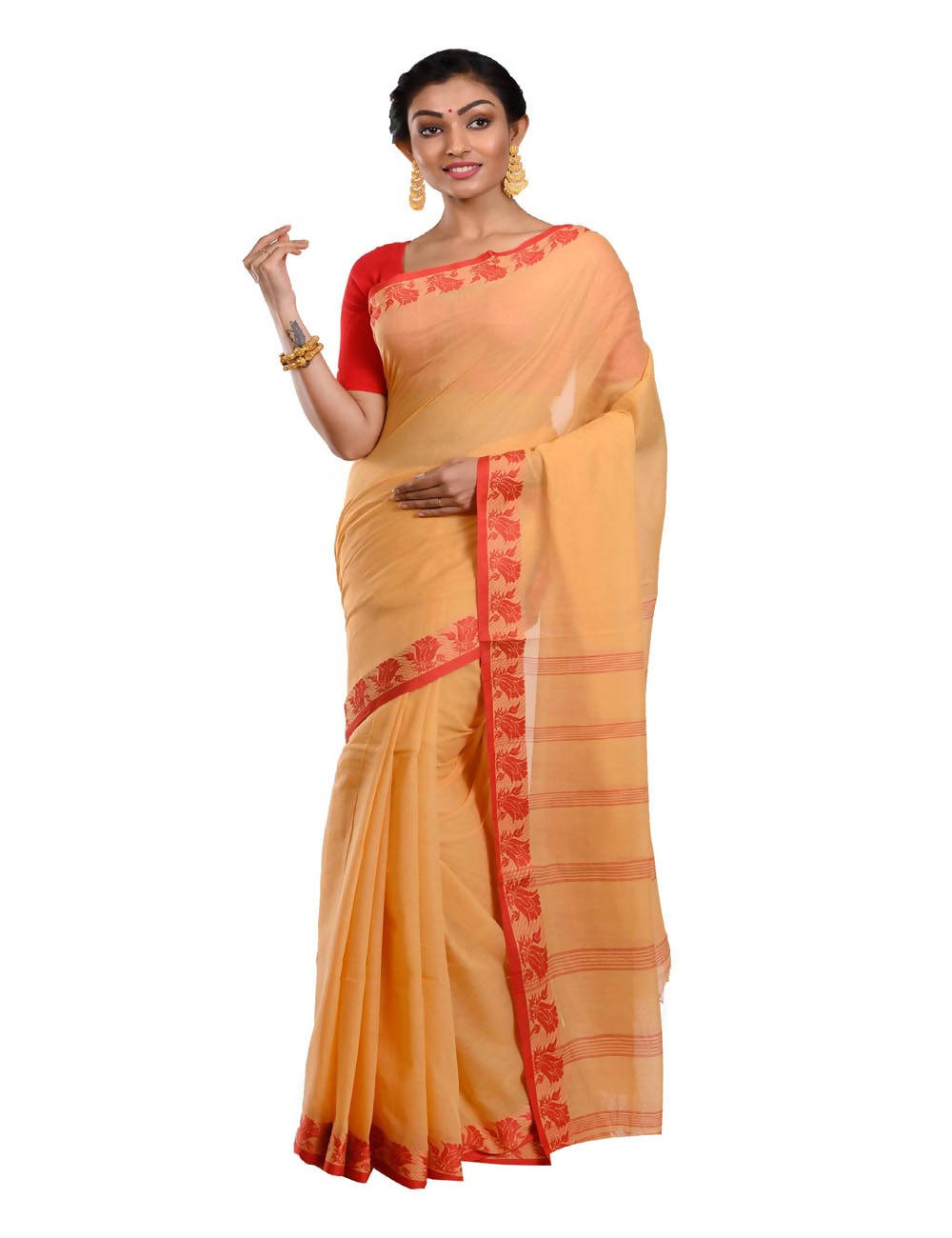 Light Orange Handloom Bengal Cotton Saree