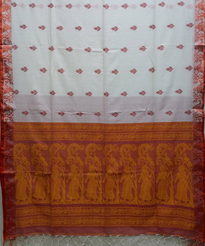 Handwoven bengal cotton white and red saree