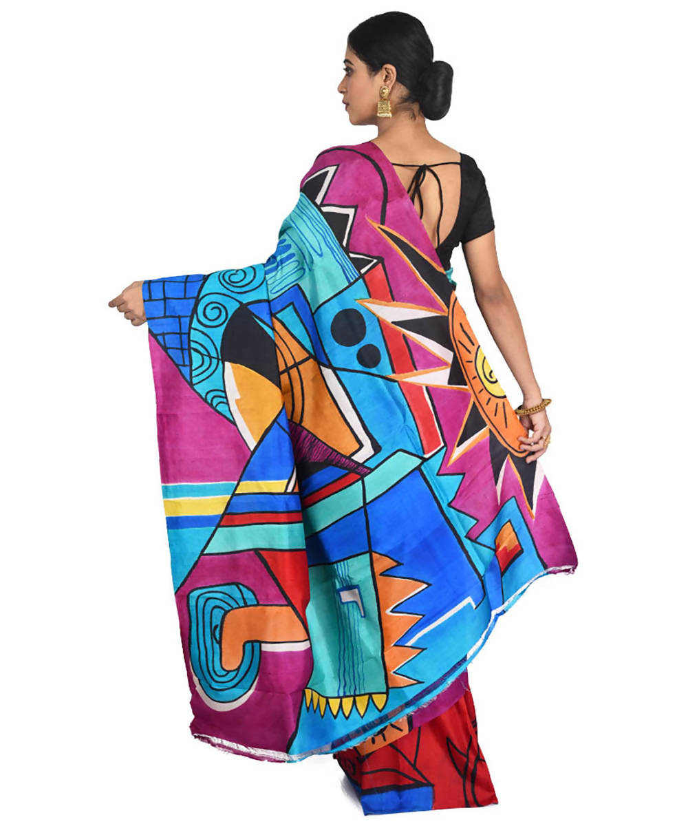 Multicolor hand painted handwoven mulberry silk saree