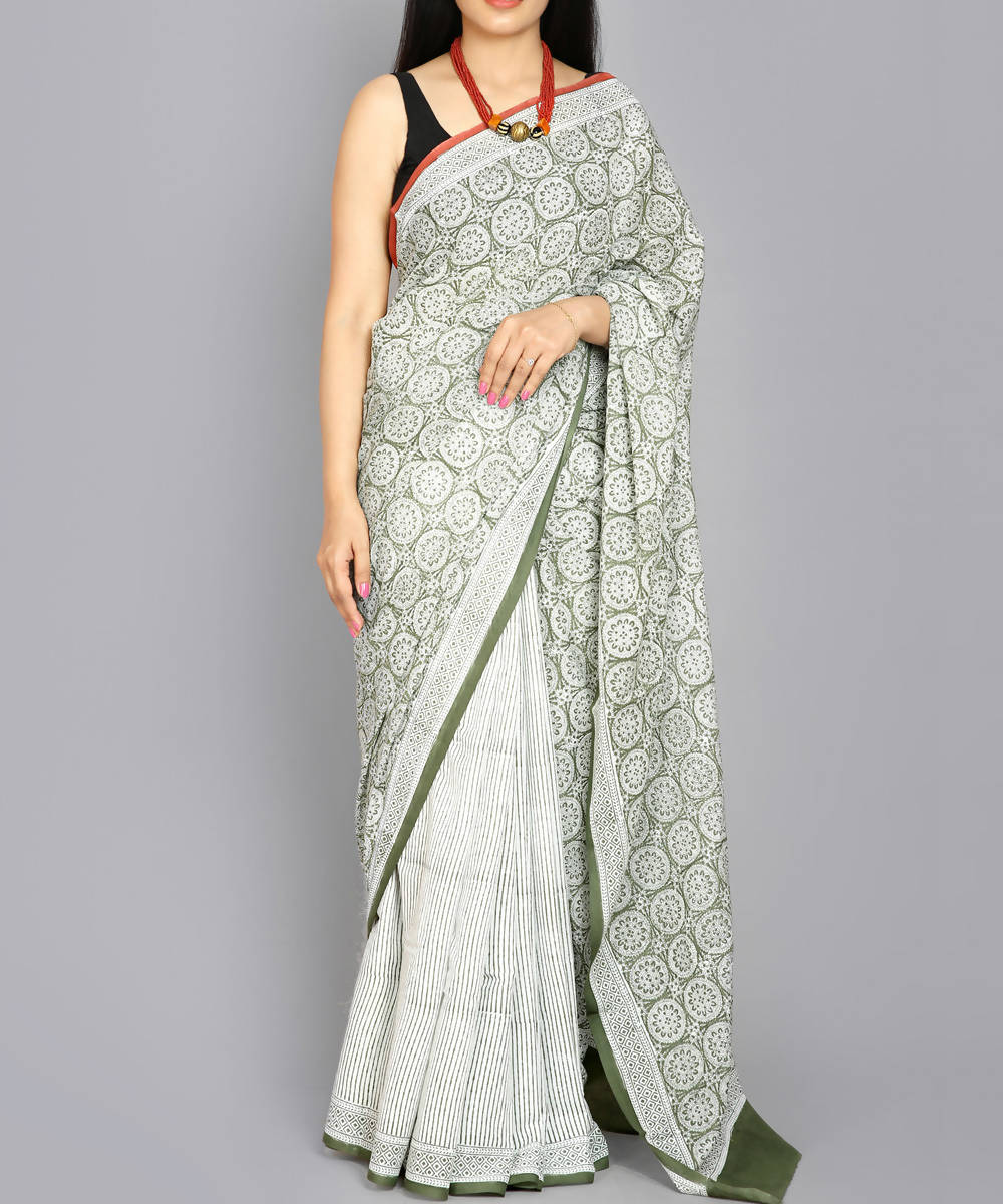 Kiara crafts white half and half block print mul cotton saree