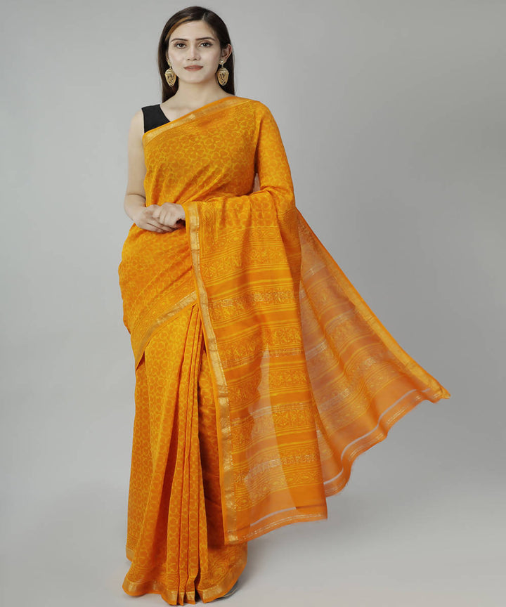 Orange yellow bagru handblock printed cotton silk saree