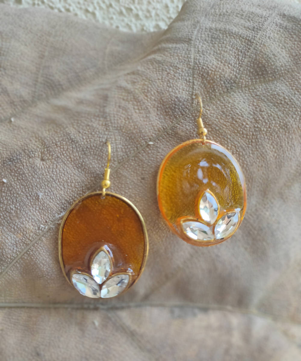 handcrafted yellow orange round enamel floral earring drops