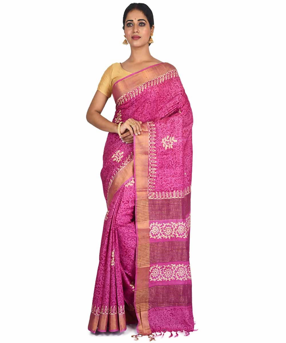 Pink hand block printed handwoven mulberry and tussar silk saree
