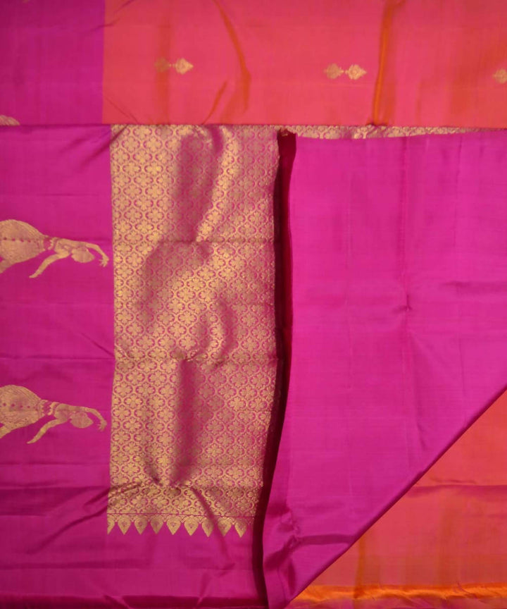 Orange Pink Handloom Dancing Lady Motif Dharmavaram Silk Saree