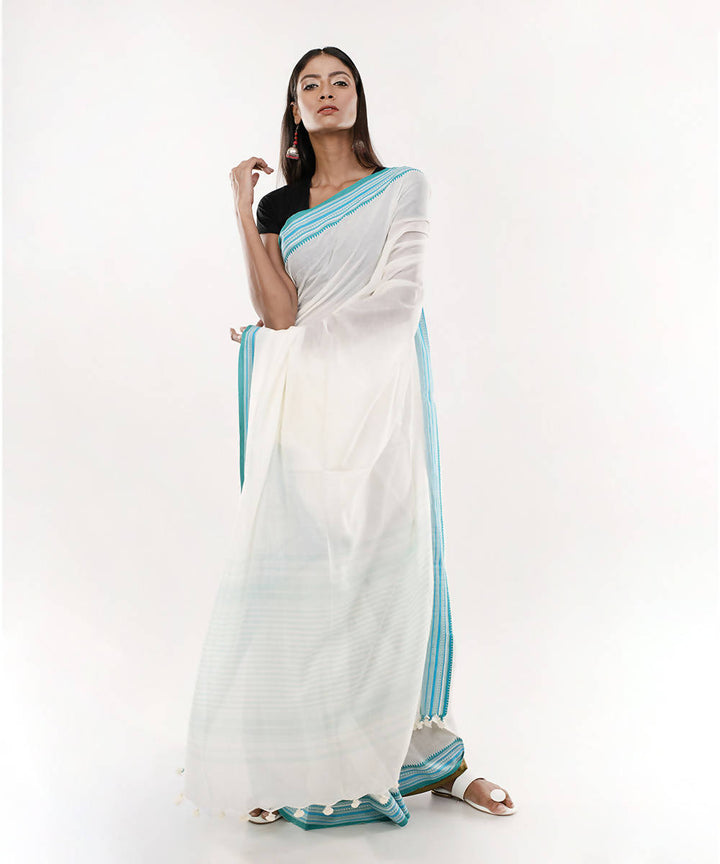 White and cyan handloom tangail bengal cotton saree