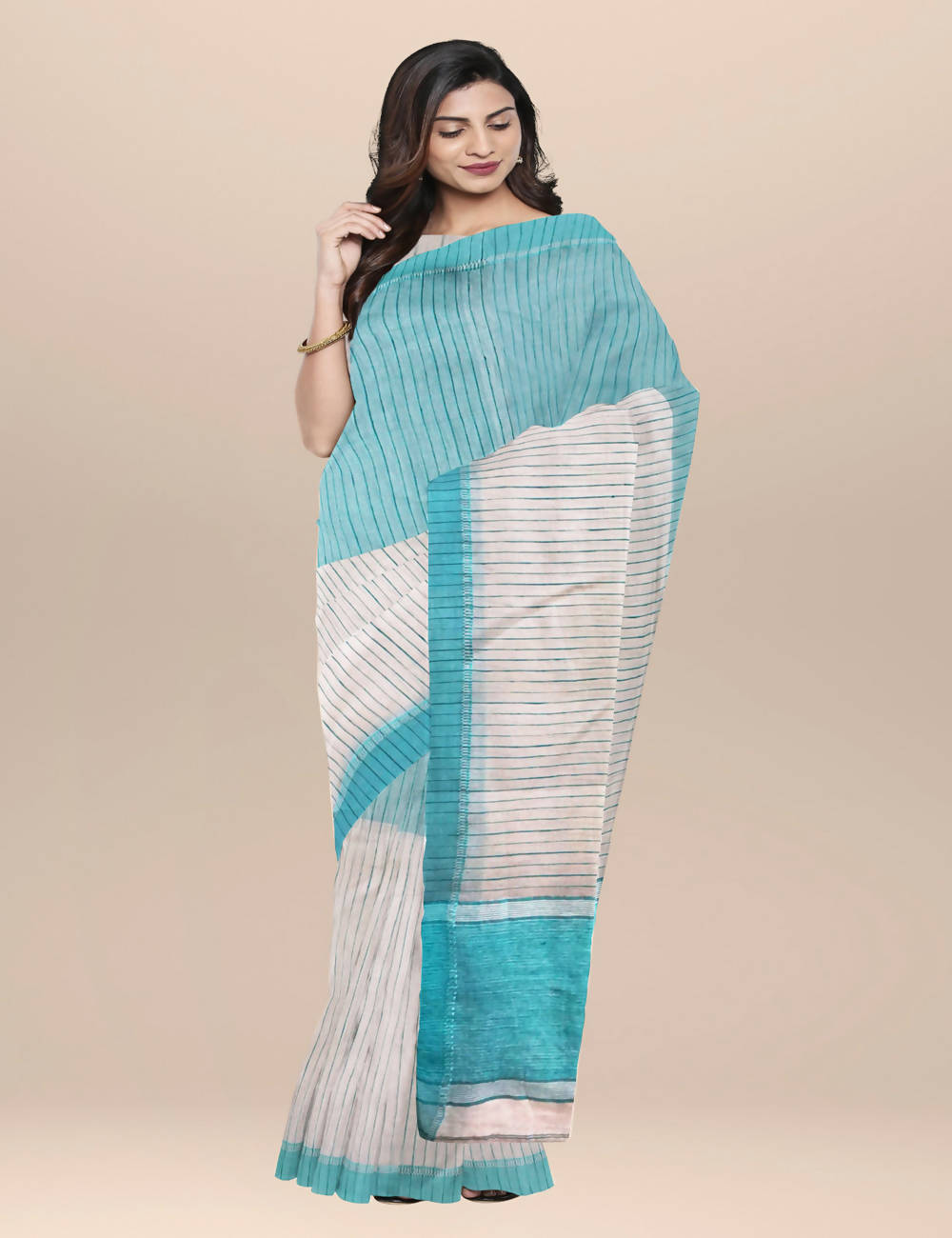 Off white blue handwoven bengal cotton saree