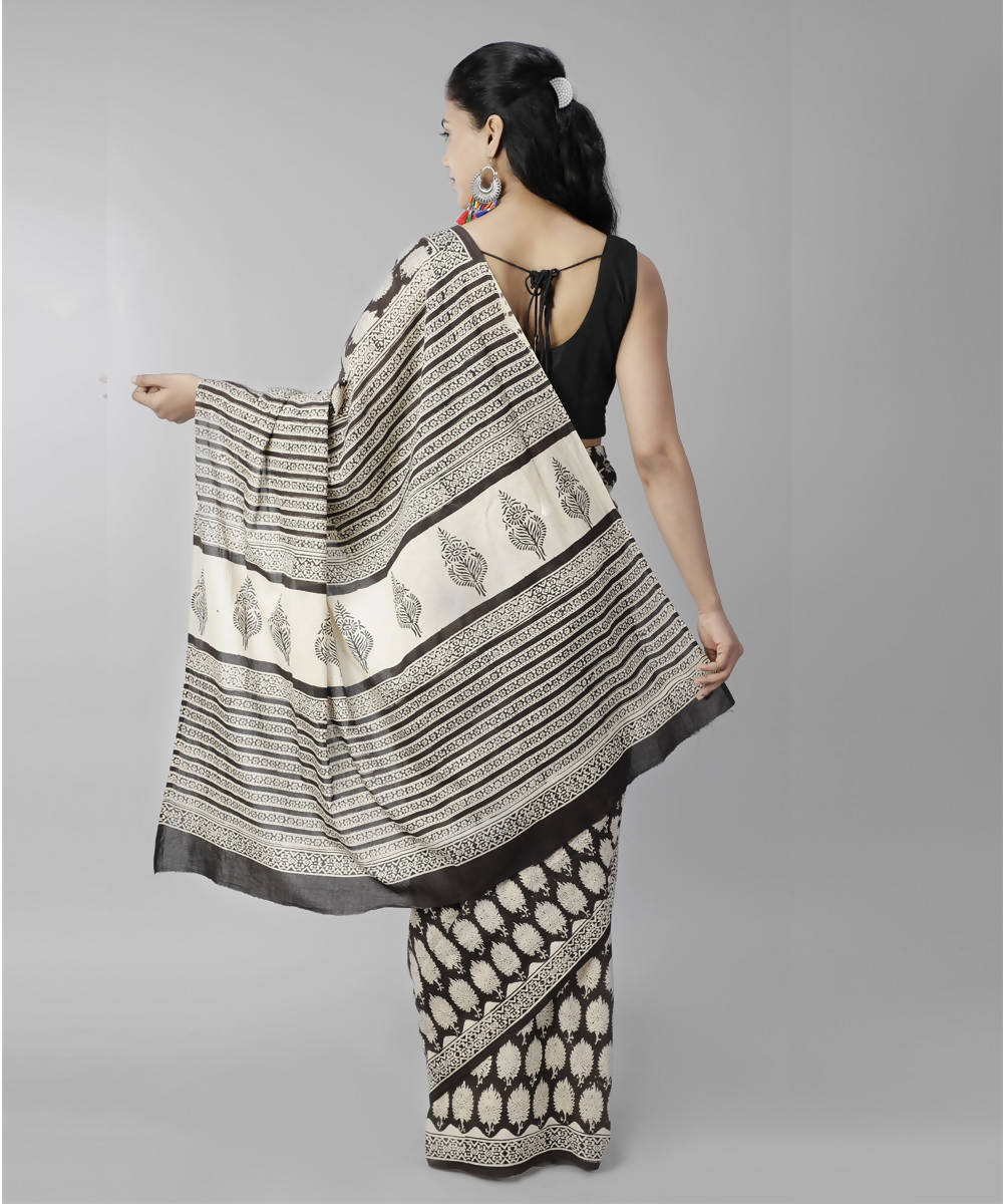 Black bagru handblock printed cotton saree