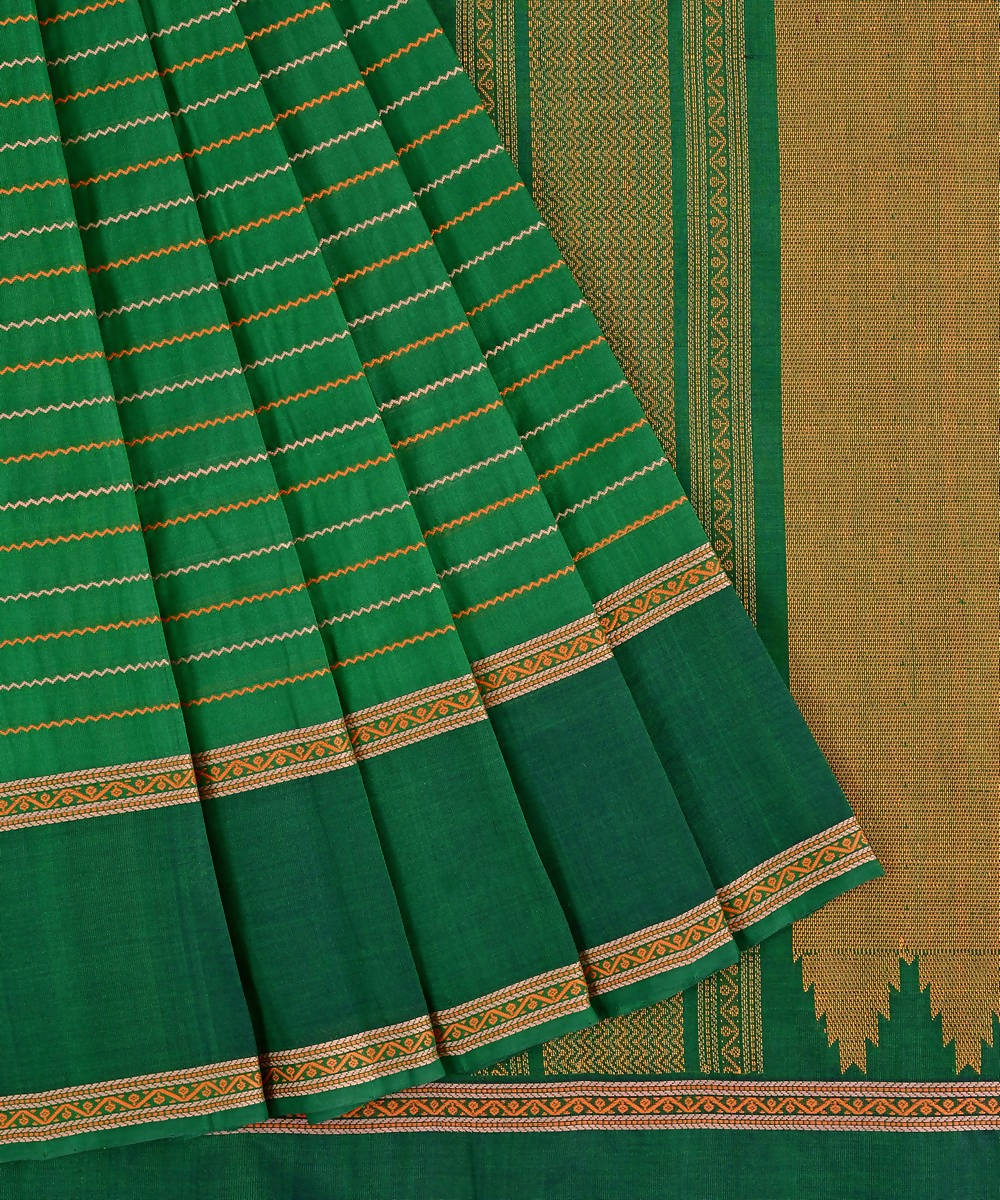 Bottle green kanjivaram silk cotton thread work veldhari stripe saree