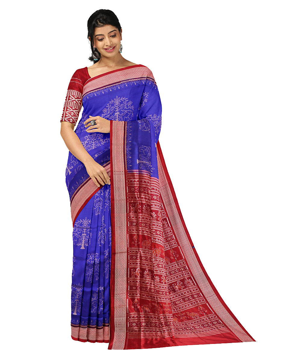 Blue and maroon handwoven silk sambalpuri saree