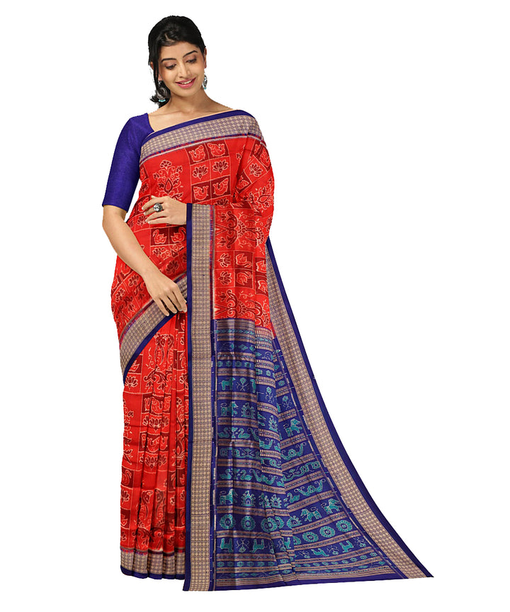Red and blue handwoven silk sambalpuri saree