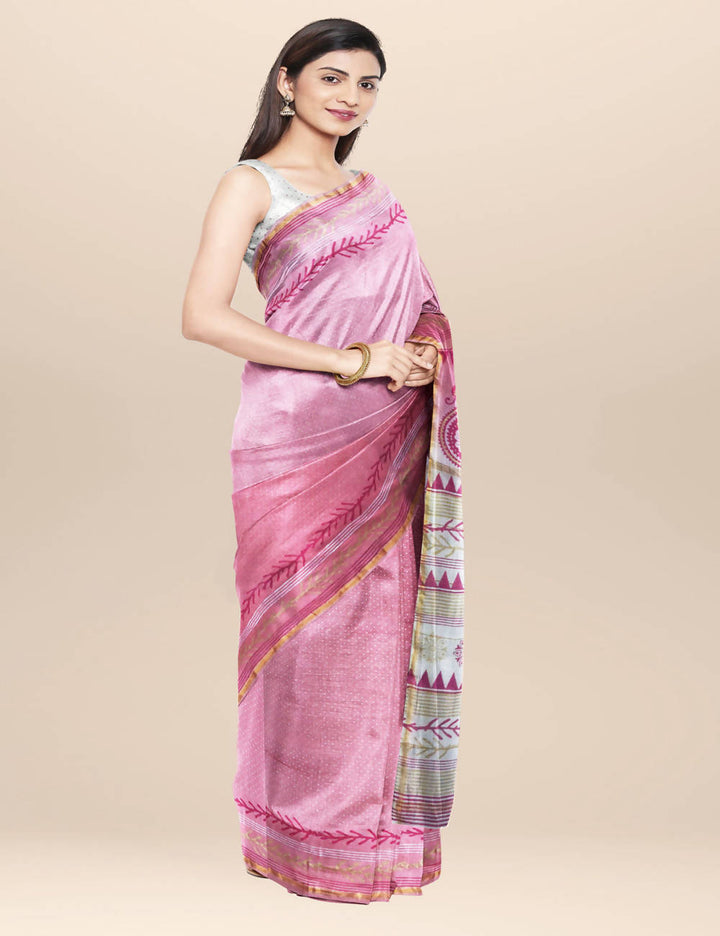 Pink and white Chanderi cotton silk Saree with Hand Block Print