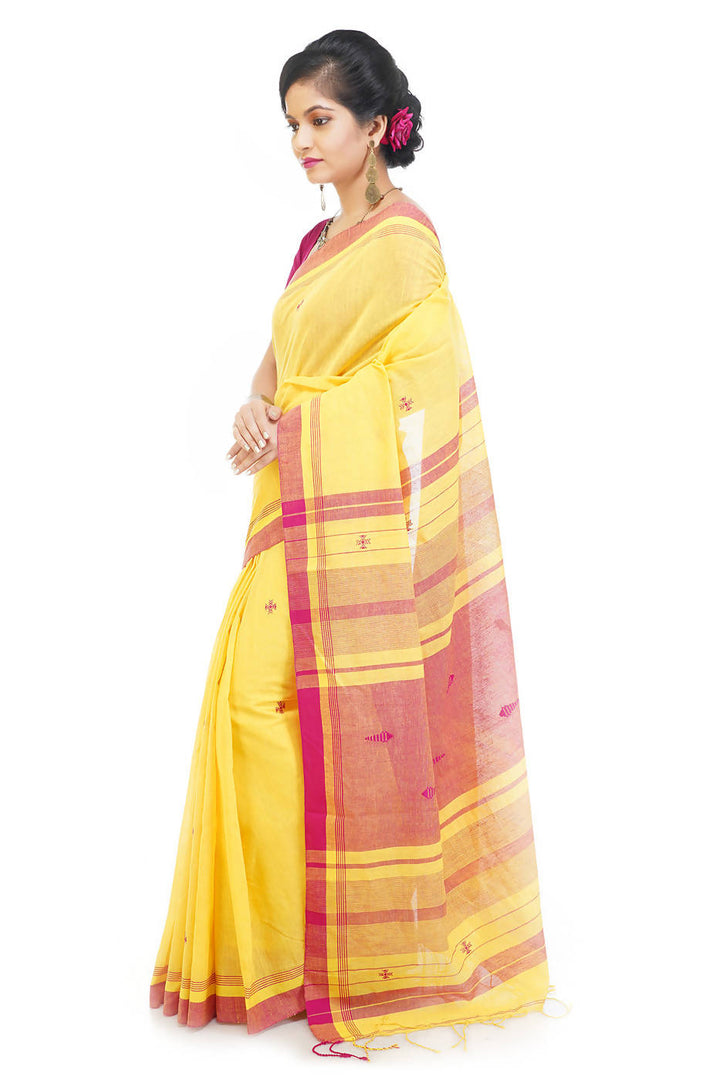 Handloom bengal yellow and pink cotton saree