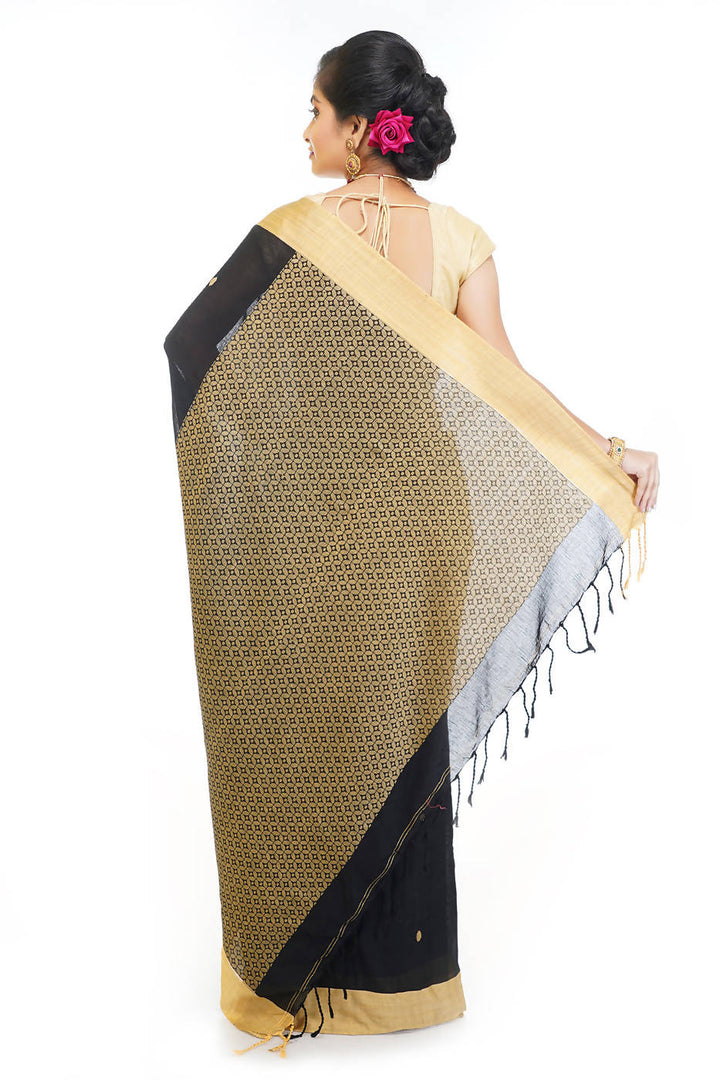 Handloom bengal black beige cotton saree