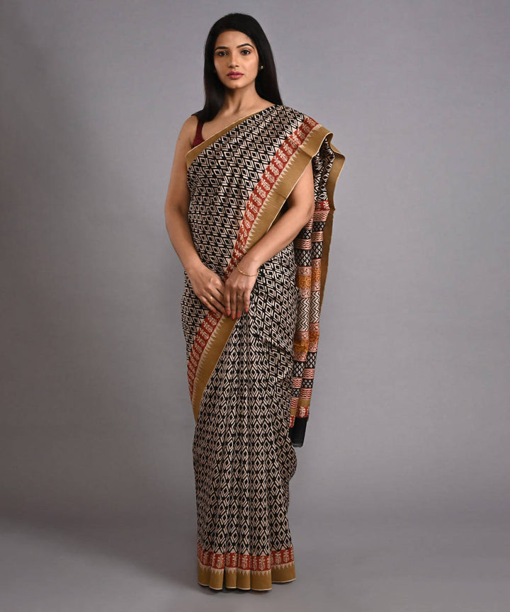 Black cotton silk hand block printed saree with matching blouse
