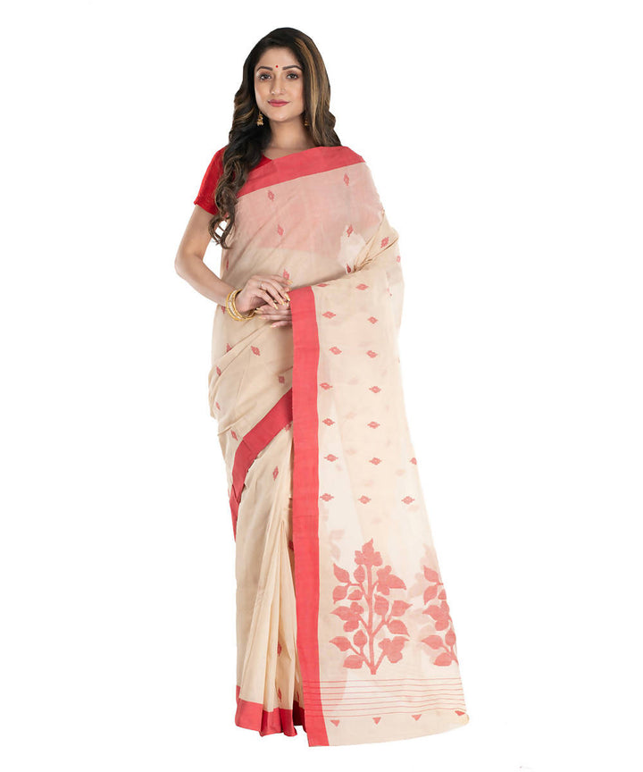 Red offwhite handwoven cotton bengal saree