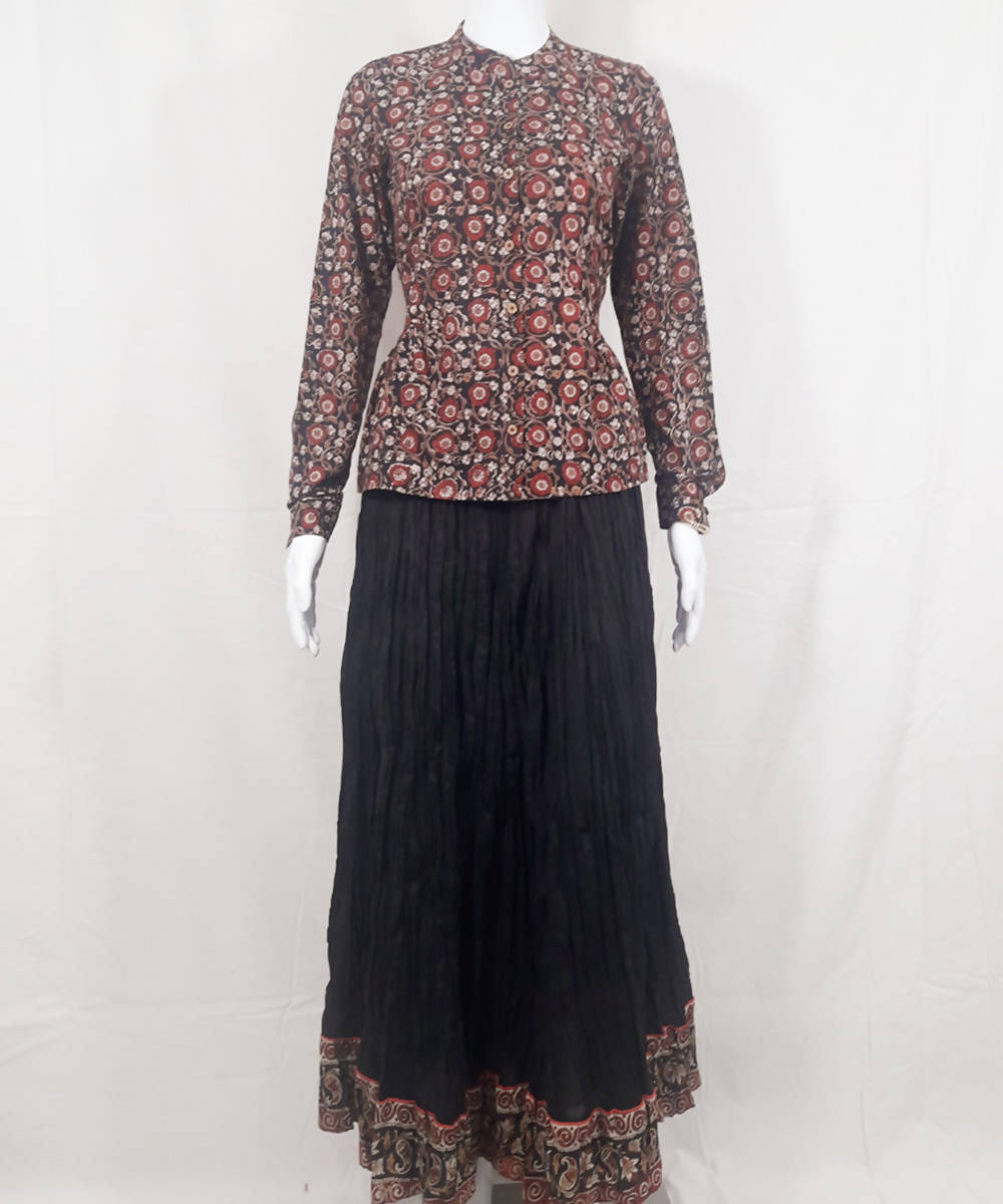 Black cotton handblock print skirt with multicolor top
