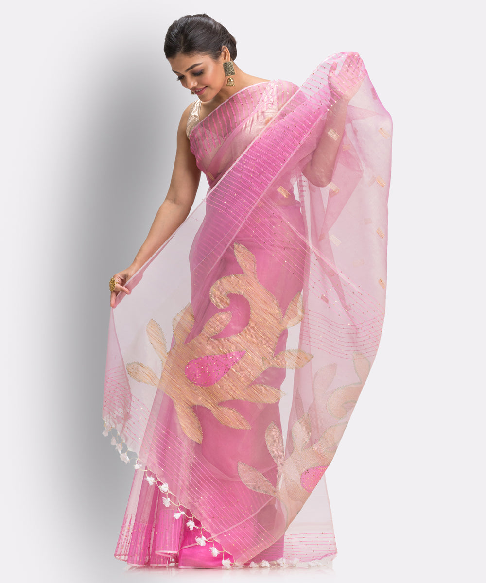Pink bengal Handwoven Silk Jamdani Saree