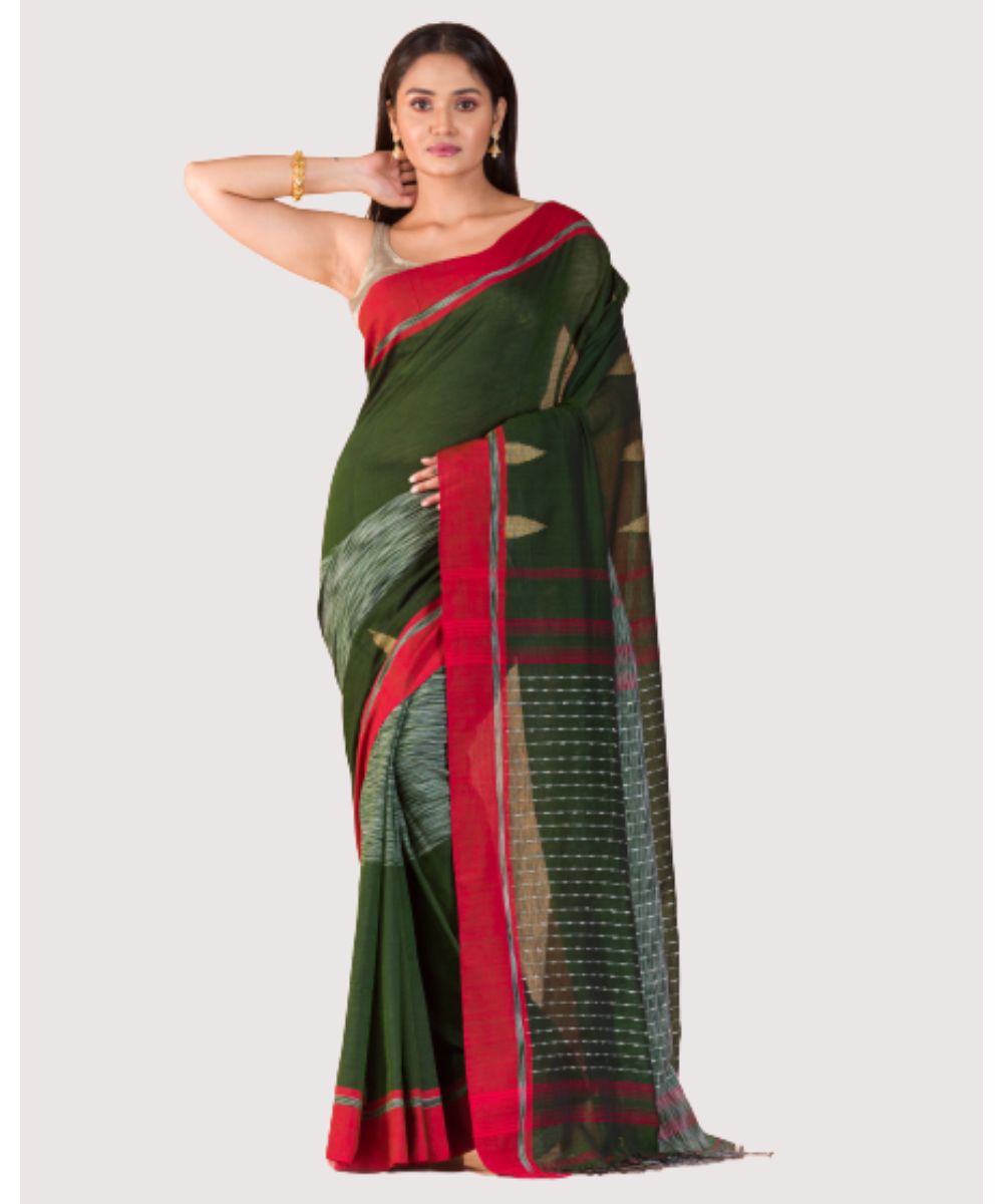 Green red handwoven bengal cotton saree
