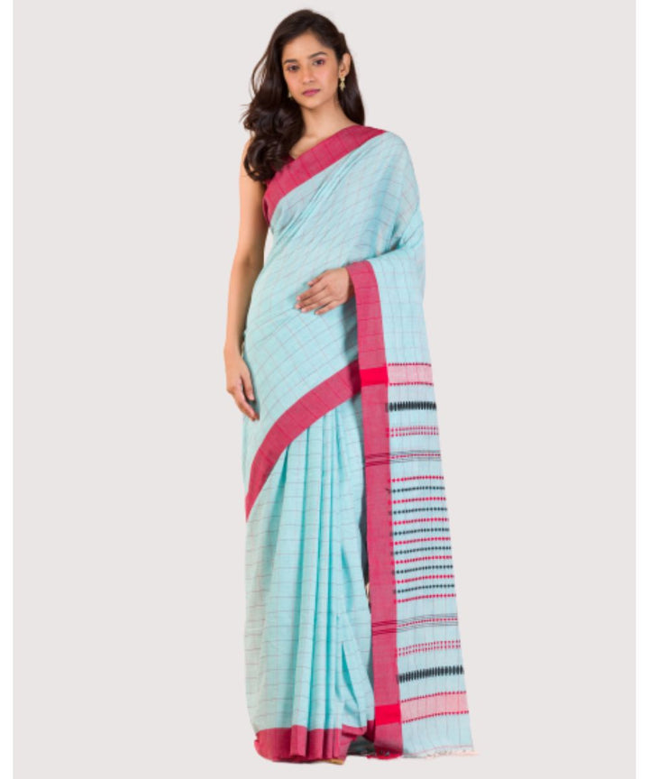 Sky blue red handwoven bengal cotton saree