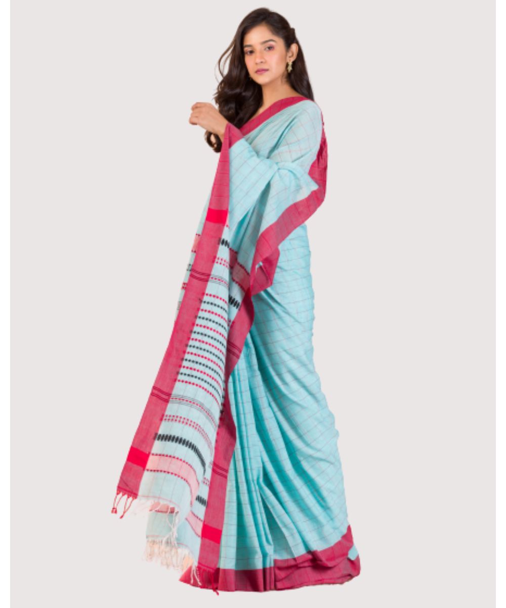Sky blue red handwoven bengal cotton saree