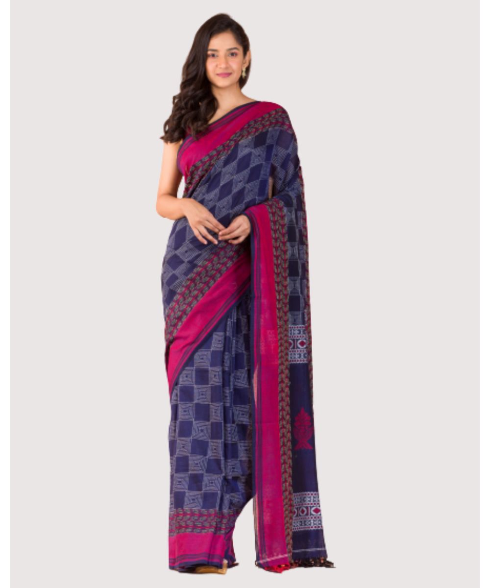 Blue pink handwoven bengal cotton saree