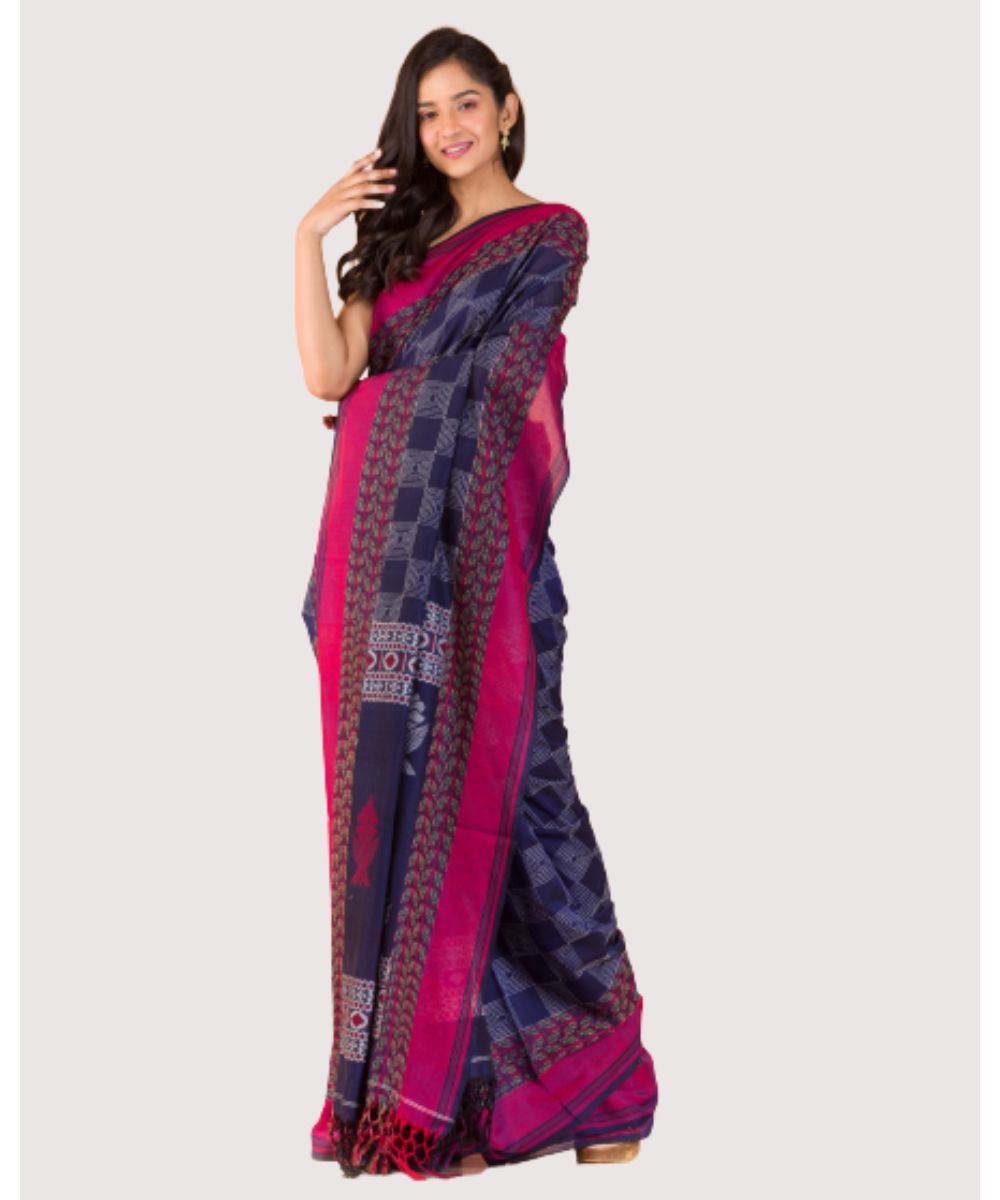 Blue pink handwoven bengal cotton saree