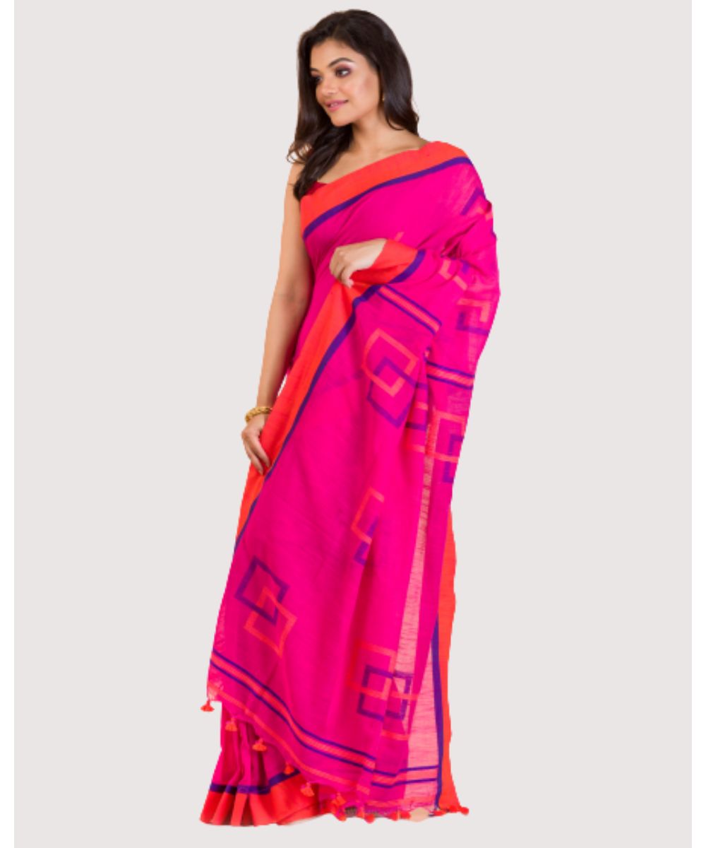 Pink orange handwoven bengal cotton jamdani saree