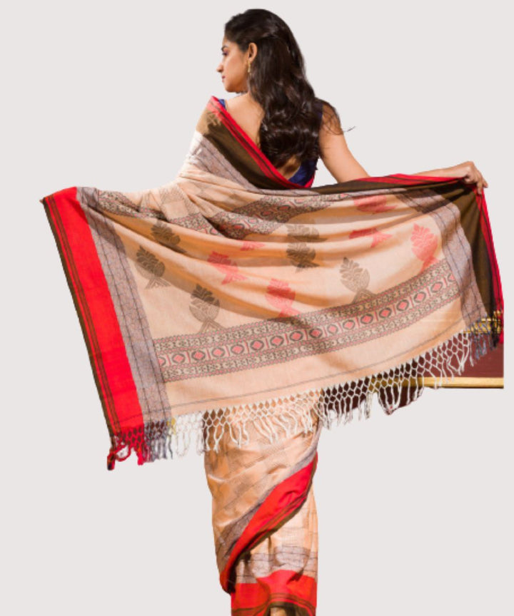 Cream red handwoven bengal cotton saree