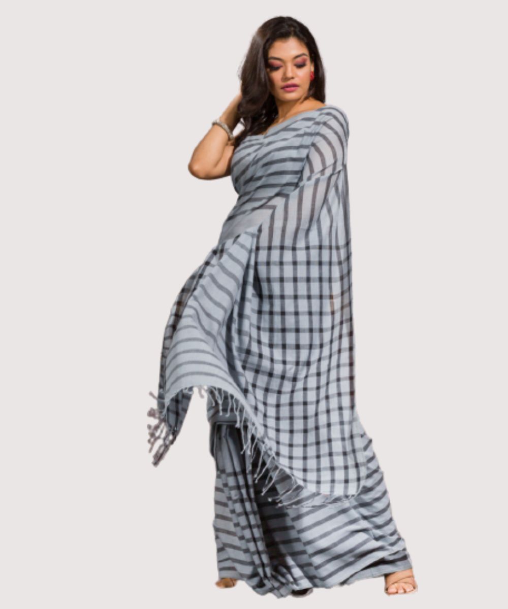 Light grey black handwoven bengal cotton saree