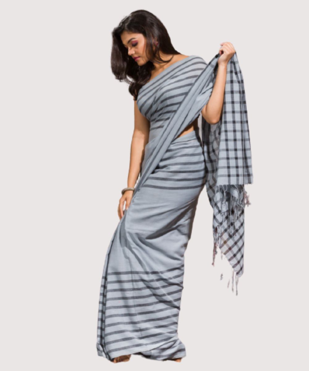 Light grey black handwoven bengal cotton saree