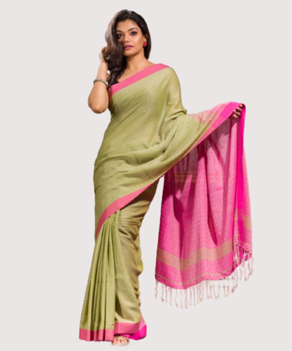 Pale green pink handwoven bengal cotton saree