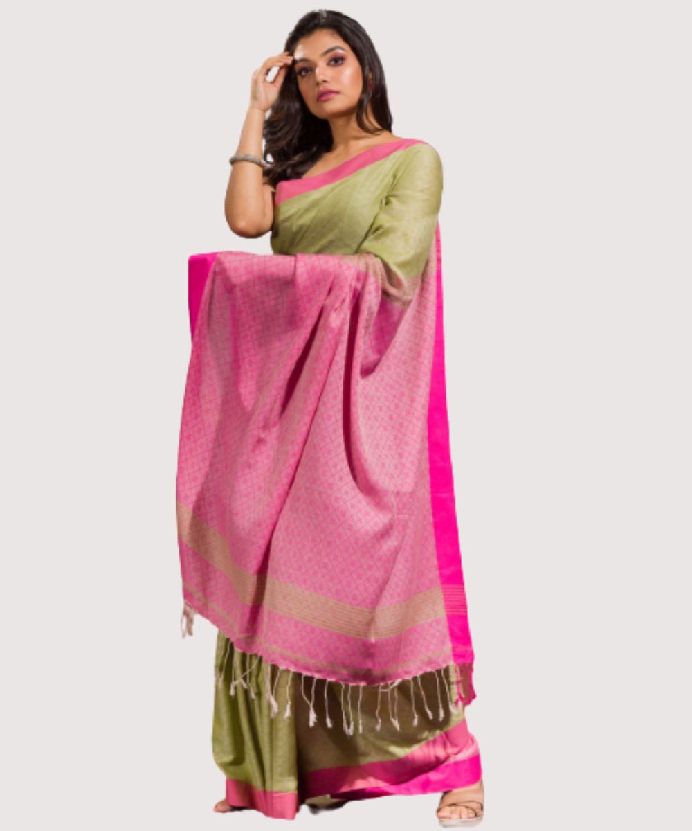 Pale green pink handwoven bengal cotton saree