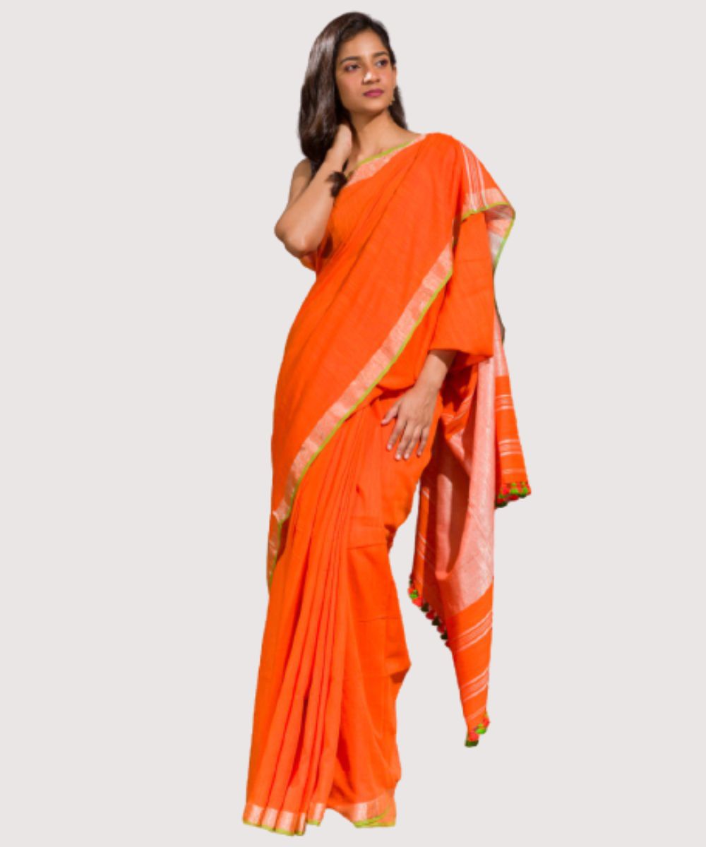 Orange handwoven bengal cotton saree