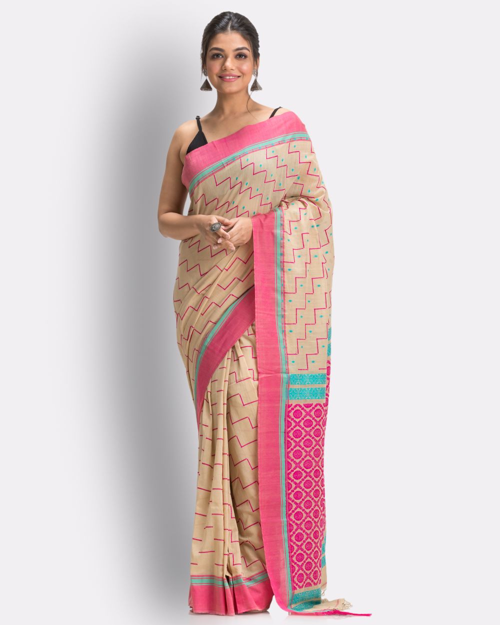 Pink and cream handwoven cotton bengal saree